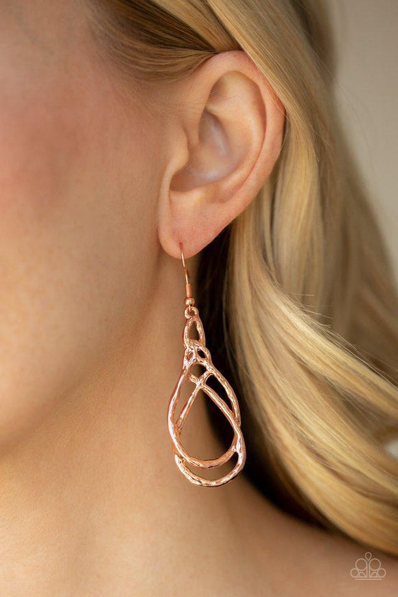 Paparazzi Twisted Elegance - Copper  -  Featuring a subtle hammered finish, shiny copper ribbons twist into a doubled lure for a sleek finish. Earring attaches to a standard fishhook fitting.
