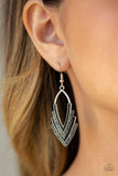 Paparazzi Tour de Force - Silver Alternating rows of hematite rhinestone encrusted frames and antiqued silver frames layer into a bold angular lure for an edgy look. Earring attaches to a standard fishhook fitting.

