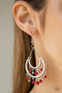 Paparazzi Free-Spirited Spirit - Red - Earrings  -  Dainty red and silver beads swing from the top and bottom of a shimmery silver half-moon frame, creating a vivacious fringe. Earring attaches to a standard fishhook fitting.
