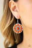 Paparazzi Petal Paradise - Orange A collection of orange beads swirl around the center of a shimmery silver disc, coalescing into a whimsical floral frame. Earring attaches to a standard fishhook fitting.
