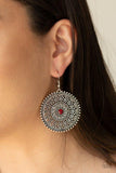Paparazzi Wheel And Grace - Red A dainty red rhinestone is pressed into the center of a round silver frame radiating with ornate petals, creating a frilly frame. Earring attaches to a standard fishhook fitting.

