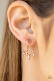 Paparazzi Autumn Shimmer - Copper - A flat shiny copper stud attaches to a double-sided post, designed to fasten behind the ear. Brushed in a high-sheen shimmer, the leafy double-sided post peeks out beneath the ear for a seasonal look. Earring attaches to a standard post fitting.
