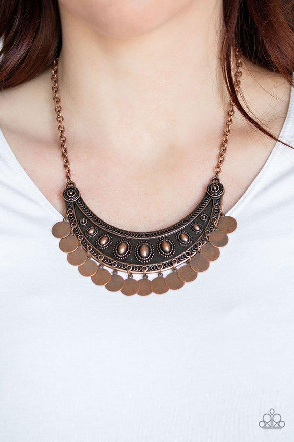 Paparazzi CHIMEs UP - Copper Antiqued copper discs swing from the bottom of an ornate half-moon copper pendant, creating a noise-making fringe below the collar. Features an adjustable clasp closure.
Featured inside The Preview at ONE Life!
