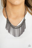 Paparazzi Divinely Diva - Blue - Necklace  -  A glistening fringe of shiny gunmetal beads, metallic blue crystal-like beads, and glistening gunmetal chains dangle from the bottom of a classic gunmetal chain, creating an edgy-glamorous fringe below the collar. Features an adjustable clasp closure.

