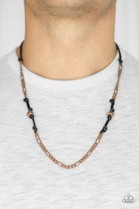 Paparazzi Rural Renegade - Copper  -  Infused with ornate copper beads, strands of shiny black cording knot around sections of antiqued copper chains for a rustic look. Features an adjustable sliding knot closure.
