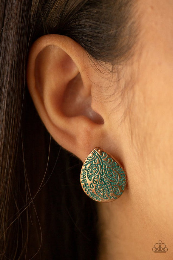 Paparazzi Seasonal Bliss - Copper - Earrings  -  Featuring a refreshing patina finish, a leafy pattern is stamped across the front of a copper teardrop frame for a seasonal look. Earring attaches to a standard post fitting.
