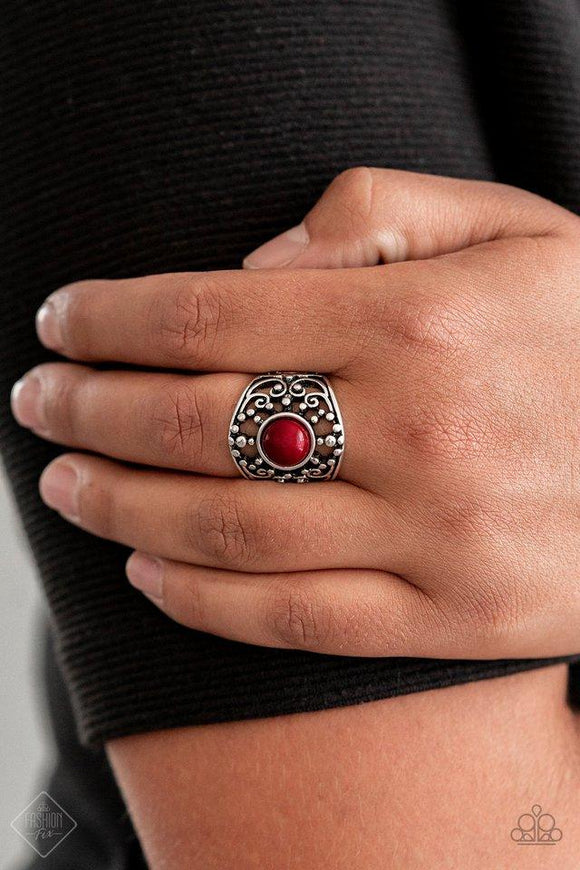 Paparazzi On An Adventure - Red  - December 2019 Fashion Fix Exclusive A hearty wine bead is pressed into a shimmery silver frame swirling with studded filigree, creating a colorful centerpiece atop the finger. Features a stretchy band for a flexible fit.
