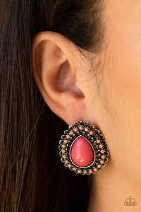 Paparazzi Beaded Blast - Pink Dainty brown beads spin around an oversized pink teardrop bead, creating a colorful frame. Earring attaches to a standard post fitting.
