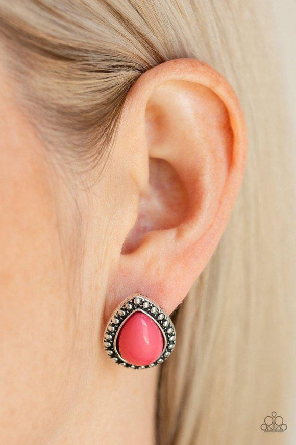 Paparazzi Boldly Beaded - Pink A polished pink teardrop bead is pressed into the center of a studded silver frame for a colorful flair. Earring attaches to a standard post fitting.
