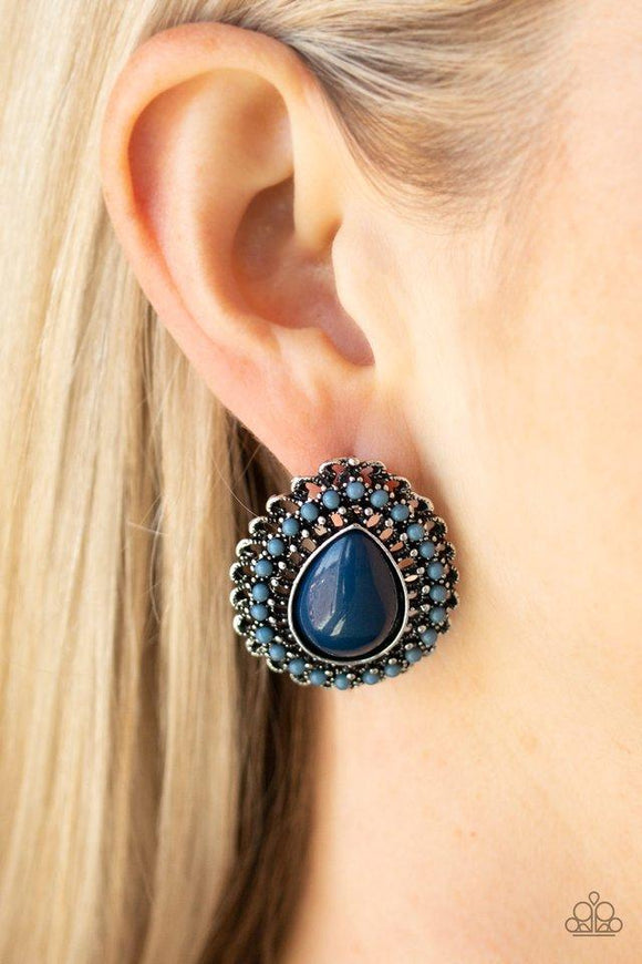Paparazzi Beaded Blast - Blue  -  Dainty light blue beads spin around an oversized dark blue teardrop bead, creating a colorful frame. Earring attaches to a standard post fitting.
