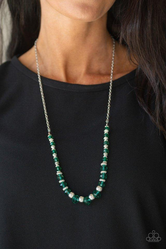 Paparazzi Stratosphere Sparkle - Green Varying in size, shiny silver beads, textured silver accents, and green crystal-like beads are threaded along an invisible wire at the bottom of a lengthened silver chain for a refined flair. Features an adjustable clasp closure.
