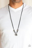 Paparazzi Rural Ringleader - Black - Necklace  -  Infused with a black lava rock bead and silver beads, silver rings are knotted at the bottom of a shiny black cord for an urban look. Features an adjustable sliding knot closure.

