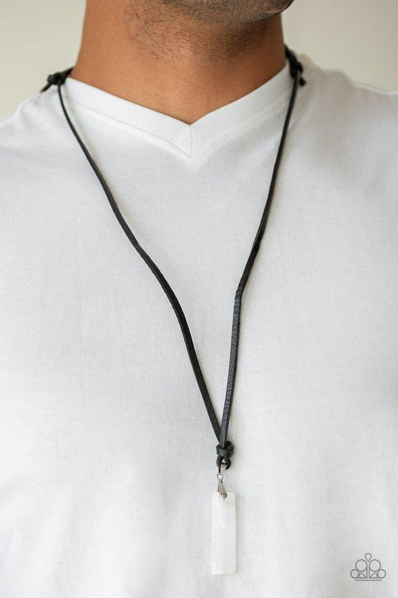 Paparazzi Kryptonite - White  -  A raw white stone swings from the bottom of a knotted black leather strand, creating an earthy urban pendant. Features an adjustable sliding knot closure.
