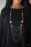 Paparazzi Desert Dawn - Orange Mismatched orange stone beads and angular silver hoops give way to layers of shimmery silver chains down the chest for a seasonal look. Features an adjustable clasp closure.
