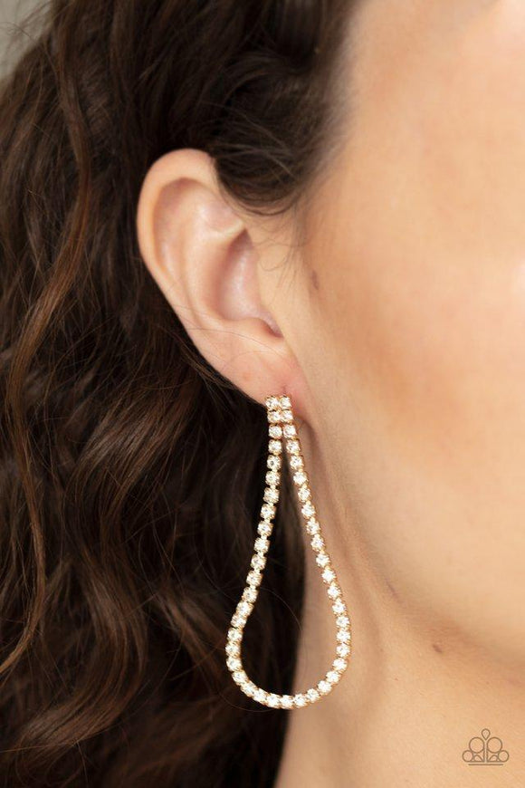 Paparazzi Diamond Drops - Gold  -  Infused with sleek gold fittings, a strand of glittery white rhinestones loops in a teardrop frame for a glamorous look. Earring attaches to a standard post fitting.

