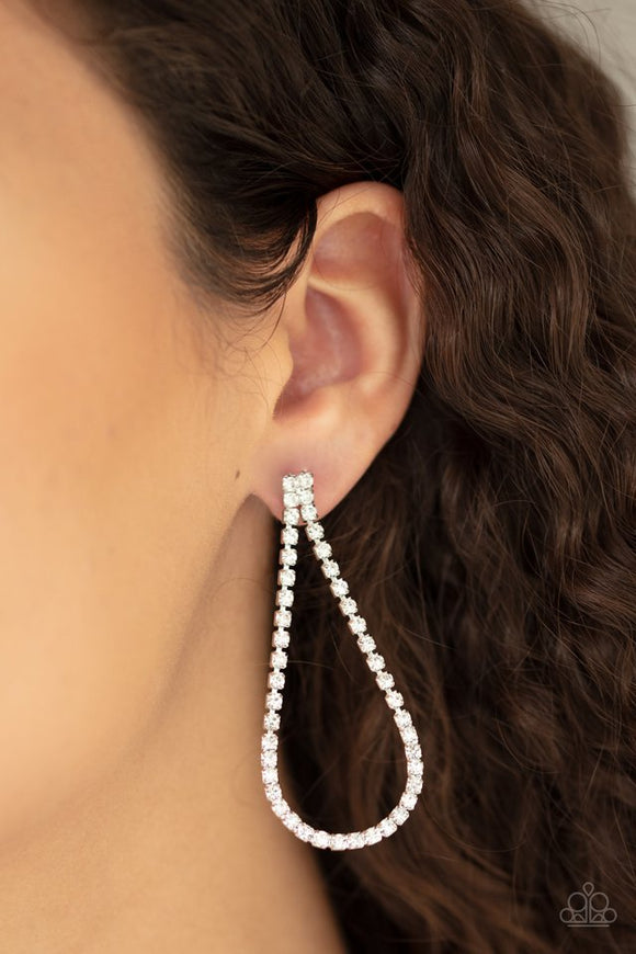 Paparazzi Diamond Drops - White - Earrings  -  Infused with sleek silver fittings, a strand of glittery white rhinestones loops in a teardrop frame for a glamorous look. Earring attaches to a standard post fitting.
