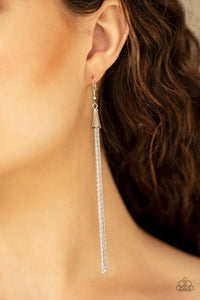 Paparazzi Shimmery Streamers - Silver - Earrings  -  Flat ornate chains stream from the bottom of a silver cone-shaped fitting, creating a shimmery silver tassel. Earring attaches to a standard fishhook fitting.
