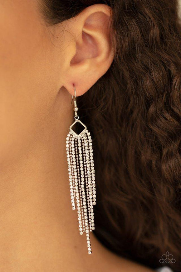 Paparazzi Singing in the REIGN - White  -  Strands of glassy white rhinestones and dainty silver ball chain stream from an airy silver fitting, creating a timelessly tapered fringe. Earring attaches to a standard fishhook fitting.
