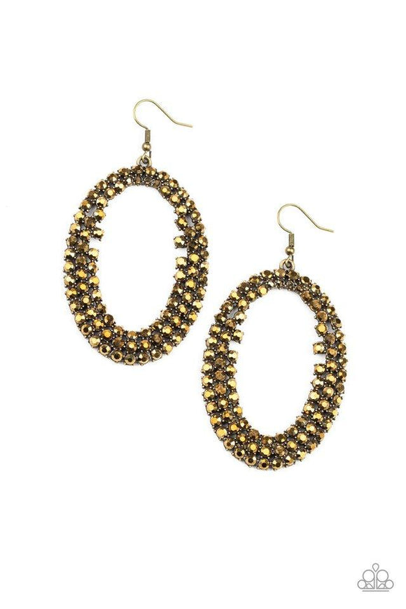 Paparazzi Radical Razzle - Brass  -  Row after row of glittery aurum rhinestones encircle into an oversized hoop, creating a gritty glamorous look. Earring attaches to a standard fishhook fitting.
