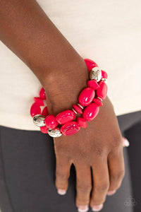 Paparazzi Fruity Flavor - Pink  -  Varying in size and color, fruity pink and shiny silver beads are threaded along stretchy bands around the wrist, creating colorful layers.
