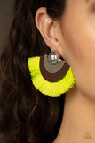 Paparazzi Fan The FLAMBOYANCE - Yellow  -  Neon yellow thread fans from the bottom of a retro silver and wooden frame, creating a vivacious fringe. Earring attaches to a standard post fitting.

