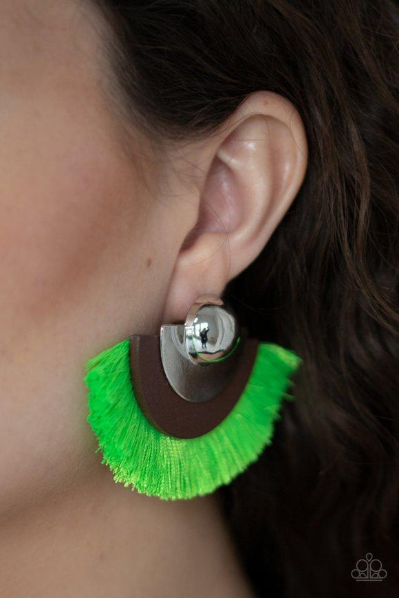 Paparazzi Fan The FLAMBOYANCE - Green  -  Neon green thread fans from the bottom of a retro silver and wooden frame, creating a vivacious fringe. Earring attaches to a standard post fitting.
