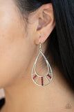 Paparazzi Line Crossing Sparkle - Red  -  Sections of glittery red rhinestones and shimmery silver bars flare out from the bottom of a glistening silver teardrop, coalescing into an airy frame. Earring attaches to a standard fishhook fitting.
