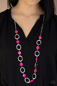 Paparazzi SHELL Your Soul - Pink  -  Pink shell-like beads and shimmery silver rings connect across the chest for a colorful summery look. Features an adjustable clasp closure.
