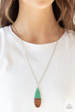 Paparazzi Going Overboard - Green  -  Dipped in a refreshing Biscay Green finish, a wooden teardrop pendant swings from the bottom of a lengthened silver chain for a colorful earthy look. Features an adjustable clasp closure.
