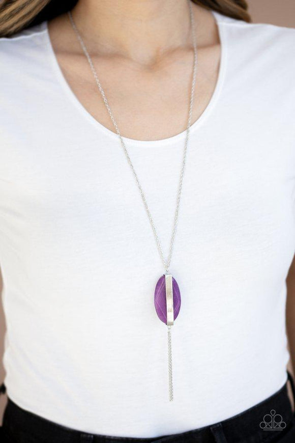 Paparazzi Tranquility Trend - Purple  -  Threaded through a rod, an ethereal purple stone sits inside a rectangular silver fitting, giving way to a shimmery silver chain tassel for a tranquil finish. Features an adjustable clasp closure.
