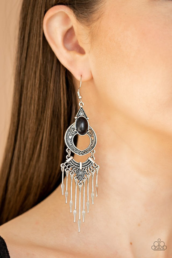 Paparazzi Southern Spearhead - Black - Earrings  -  Spear-shaped silver bars dangle from the bottom of an ornately stacked black stone encrusted frame, creating a tapered fringe. Earring attaches to a standard fishhook fitting.
