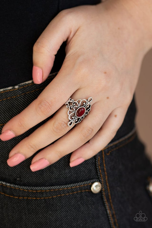 Paparazzi DEW Your Thing - Red - Ring  -  Shimmery silver filigree delicately gathers around a dewy red cat's eye stone, creating a whimsical centerpiece atop the finger. Features a dainty stretchy band for a flexible fit.
