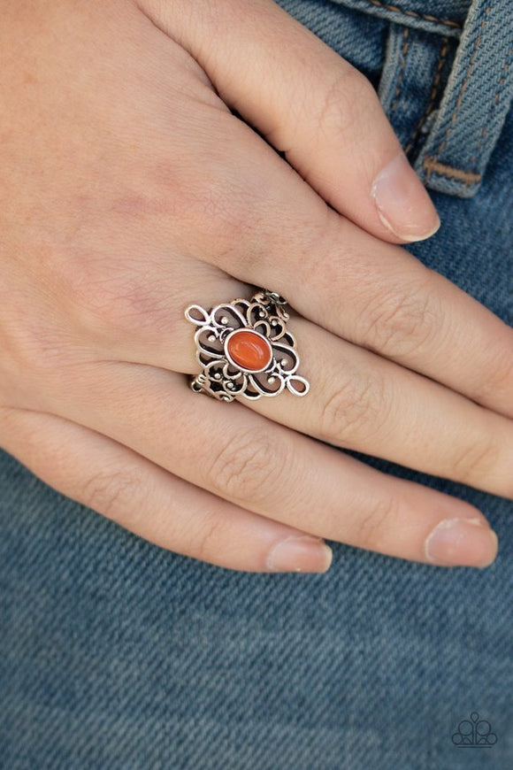 Paparazzi DEW Your Thing - Orange - Ring  -  Shimmery silver filigree delicately gathers around a dewy orange cat's eye stone, creating a whimsical centerpiece atop the finger. Features a dainty stretchy band for a flexible fit.
