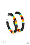 Paparazzi Bodaciously Beaded - Black - Earrings  -  A colorful strand of black, blue, yellow, orange, and red seed beads wraps around a shiny silver hoop, creating a colorfully seasonal look. Earring attaches to a standard post fitting. Hoop measures approximately 2" in diameter.