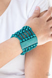 Paparazzi Dont Stop BELIZE-ing - Blue  -  Brushed in a refreshing blue finish, rectangular wooden frames hold together a collection of wooden beads threaded along stretchy bands, coalescing into a summery display around the wrist.
