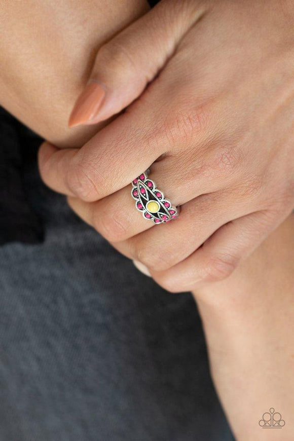 Paparazzi Totally Tangy - Yellow  -  Dotted in dainty yellow and Pink Peacock beads, an antiqued silver band blooms into a flowery frame across the finger. Features a dainty stretchy band for a flexible fit.
