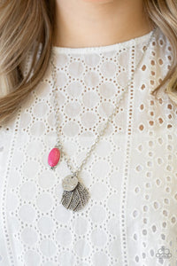 Paparazzi Free-Spirited Forager - Pink - Necklace  -  An oval pink stone, hammered silver disc, and lifelike silver leaf charm swing from the bottom of a lengthened silver chain, creating a whimsical pendant. Features an adjustable clasp closure.

