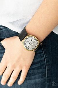 Paparazzi Hold On To Your Buckle - Black - Bracelet  -  Bordered in brass, a hammered silver frame attaches to a thick black leather band for a rustic look. Features an adjustable snap closure.

