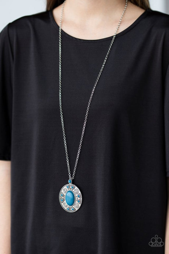 Paparazzi Sunset Sensation - Blue - Necklace  -  Embossed with tribal inspired details, an antiqued silver frame is dotted in refreshing Mosaic Blue beads at the bottom of a lengthened silver chain for a colorful look. Features an adjustable clasp closure.
