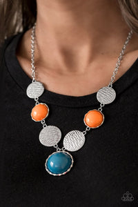 Paparazzi Bohemian Bombshell - Multi - Necklace - Embossed in wavy textures, shiny silver discs link with bubbly orange and Mosaic Blue beaded frames below the collar, creating a colorful statement piece. Features an adjustable clasp closure. 
