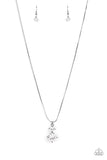 Paparazzi Top Dollar Diva - Black - Necklace  - February 2021 Life Of The Party LOP Exclusive  -  Nestled inside classic gunmetal prongs, two oversized white rhinestones slide along a dainty gunmetal snake chain, creating a dramatic pendant below the collar. 

