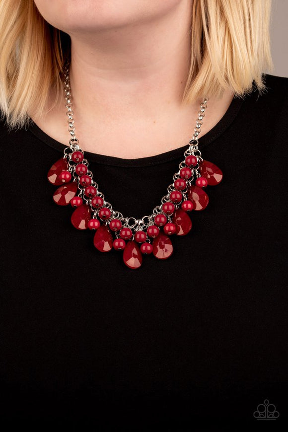 Paparazzi Endless Effervescence - Red - Necklace  -  Rows of shiny wine beads and glassy faceted red teardrops cascade from rows of interlocking silver chains, creating a flirtatious fringe below the collar. Features an adjustable clasp closure.
