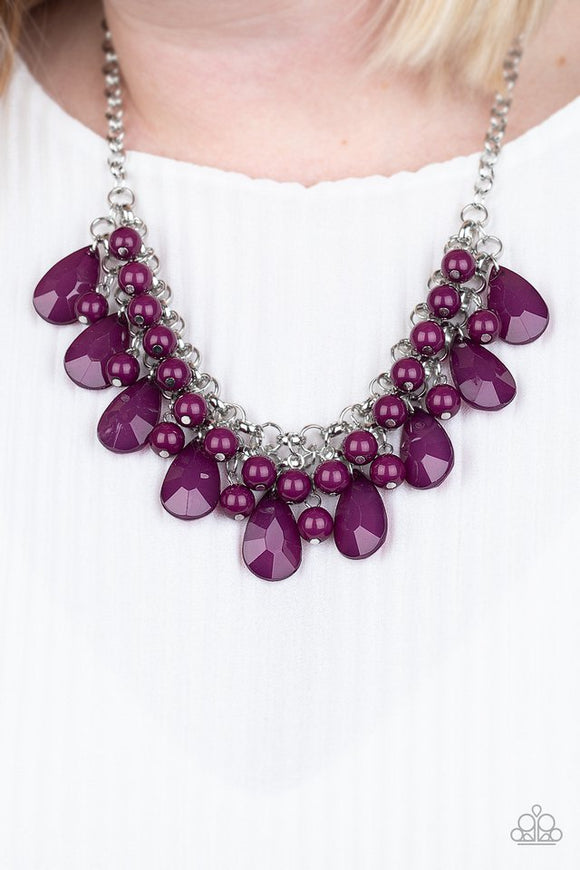 Paparazzi Endless Effervescence - Purple - Necklace  -  Rows of shiny plum beads and glassy faceted purple teardrops cascade from rows of interlocking silver chains, creating a flirtatious fringe below the collar. Features an adjustable clasp closure.
