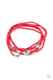 Paparazzi Pretty Patriotic - Red - Bracelet  -  Dotted with shiny silver star charms, a colorful assortment of dainty red seed beads are threaded along stretchy bands, creating stellar layers.
