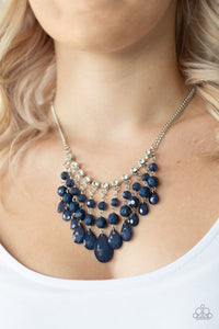Paparazzi Social Network - Blue - Necklace  -  Featuring faceted finishes, blue beaded tassels drip from the bottom of a classic row of glittery white rhinestones. The shimmery blue teardrops gradually increase in size at the center as they taper below the collar, creating a flirtatious fringe. Features an adjustable clasp closure.
