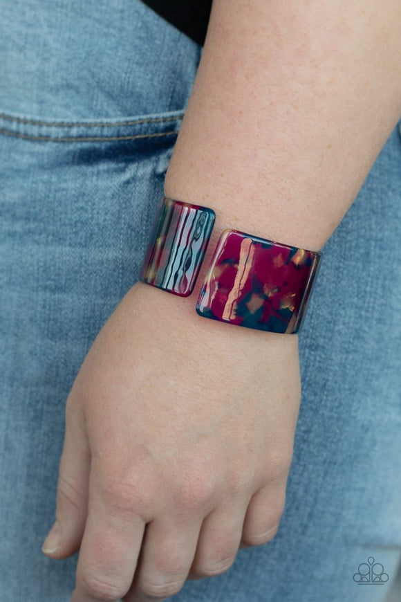 Paparazzi Groovy Vibes - Multi - Bracelet  -  Smudged in blue and purple, an iridescent acrylic cuff asymmetrically wraps around the wrist, creating a tilted opening for a retro finish.
