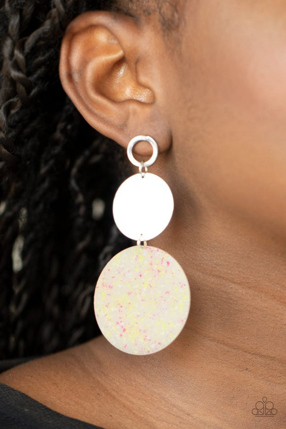 Paparazzi Beach Day Glow - Yellow - Earrings - A speckled acrylic circle swings from the bottom of a glistening silver disc that is attached to an airy circle fitting. The shiny trio links into a colorful lure for a retro look. Earring attaches to a standard post fitting. 
