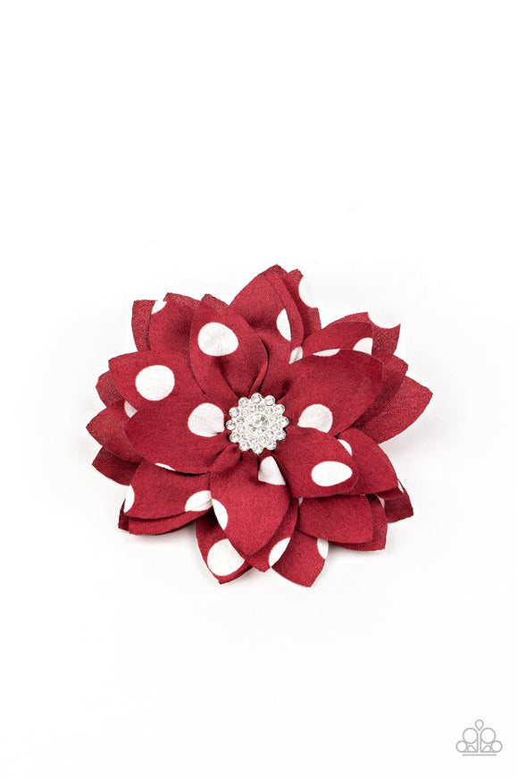 Paparazzi Silk Gardens - Red - Hair Bow  -  Playfully dotted in white polka dots, silky red petals fan out from a white rhinestone encrusted centerpiece for a fabulous look. Features a standard hair clip on the back.
