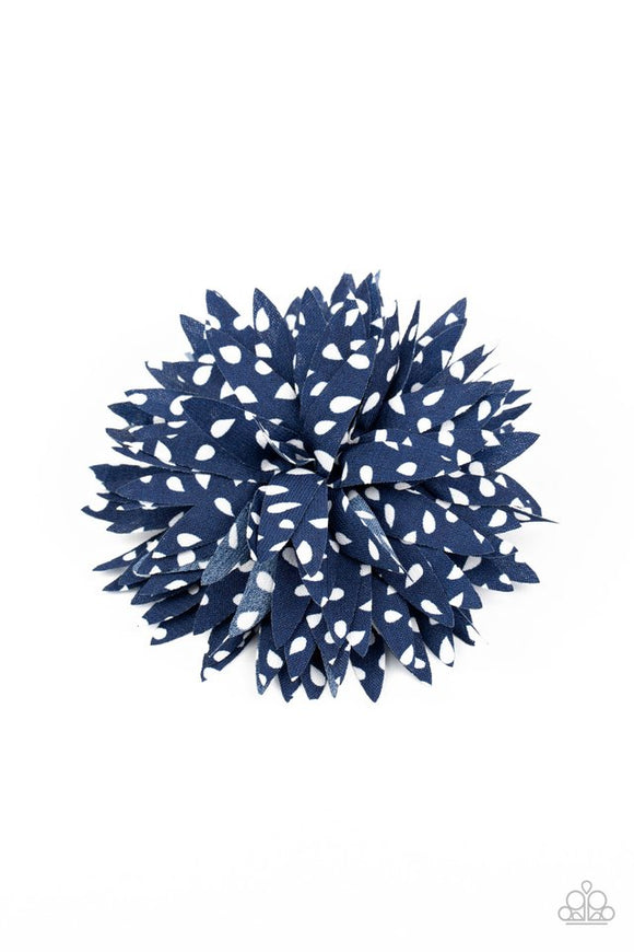 Paparazzi Polka Panache - Blue - Hair Bow  -  Dotted in white teardrop polka dots, layer after layer of blue petals burst into a boisterous blossom for a playful look. Features a standard hair clip on the back.
