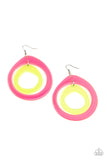 Paparazzi Show Your True NEONS - Multi - Earrings  -  Featuring asymmetrical shapes, neon pink and yellow acrylic hoops link into a dizzying lure for an out-of-this-world experience. Earring attaches to a standard fishhook fitting.
